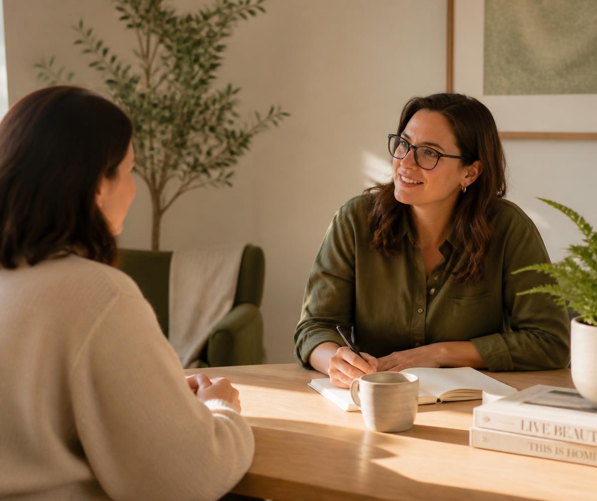 A therapist listening attentively to a client across a light timber table in a calm, sunlit consulting room