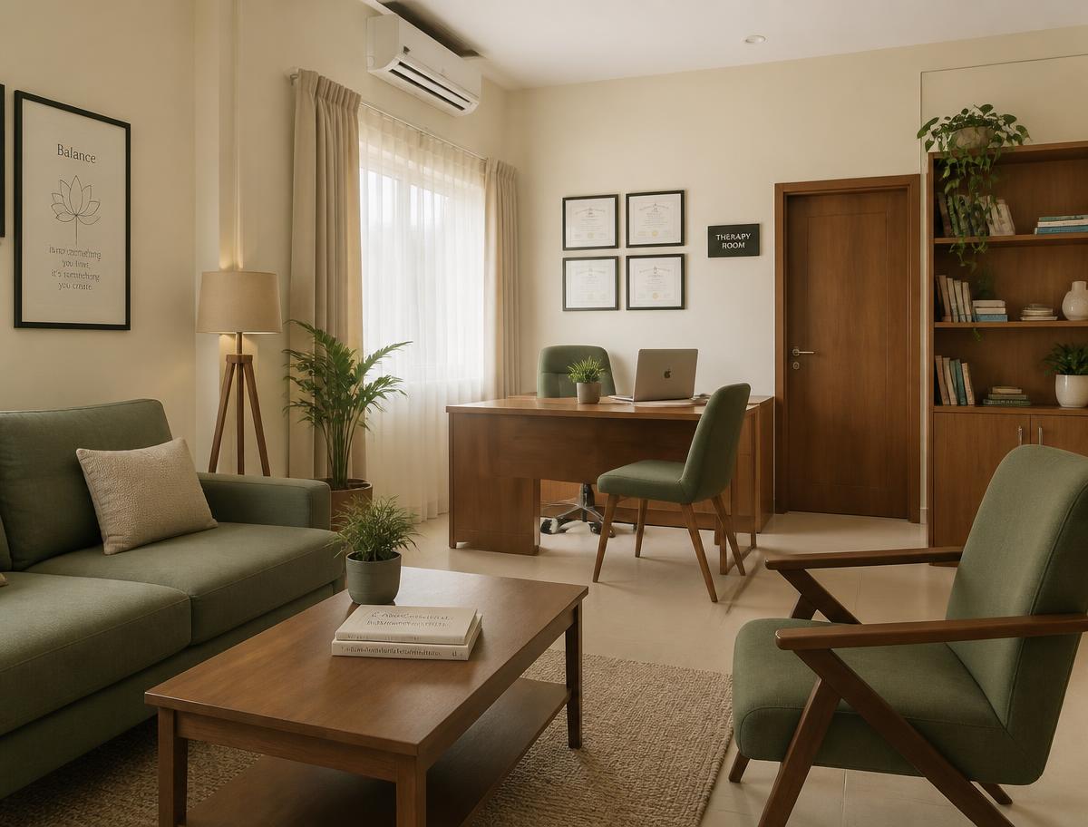 A calm, plant-filled therapy space with warm ivory walls, timber furniture and sage green upholstery