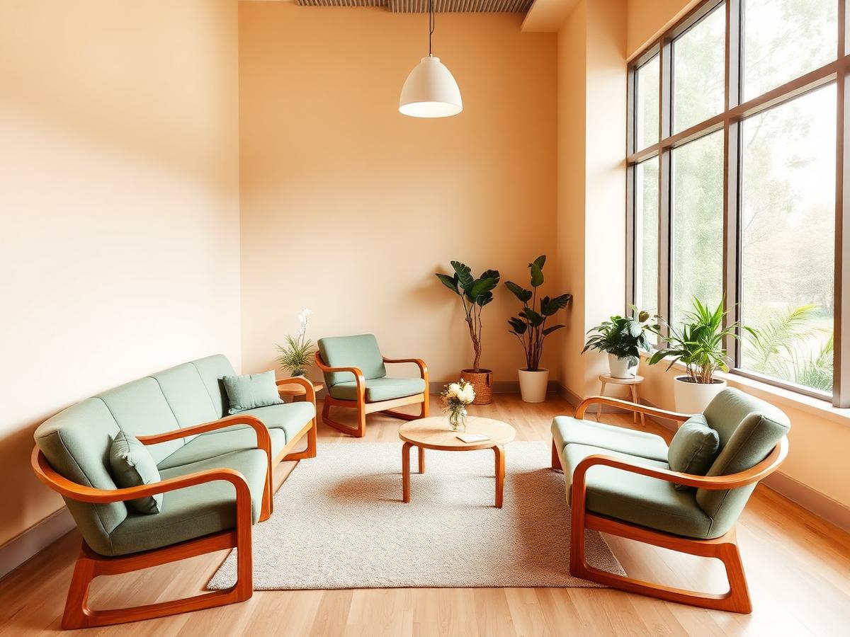 A calm, plant-filled therapy space with warm ivory walls, timber furniture and sage green upholstery