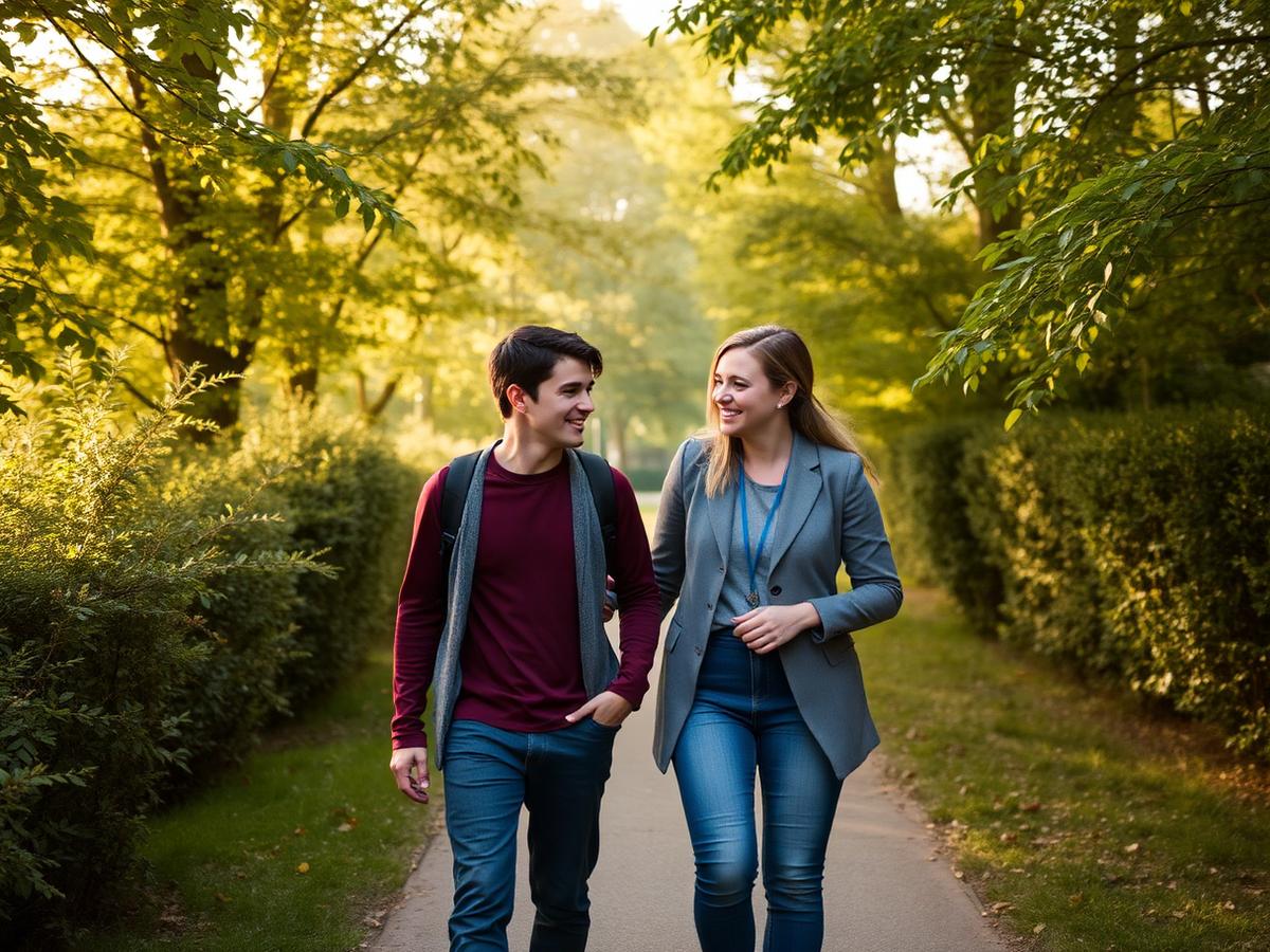 A young person and a practitioner walking and talking together along a leafy park path