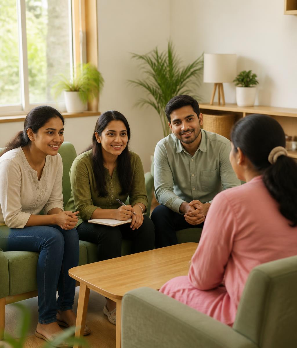 Three InnerLoop Therapy practitioners in relaxed everyday clothing sitting and talking warmly with a client in a light-filled therapy lounge