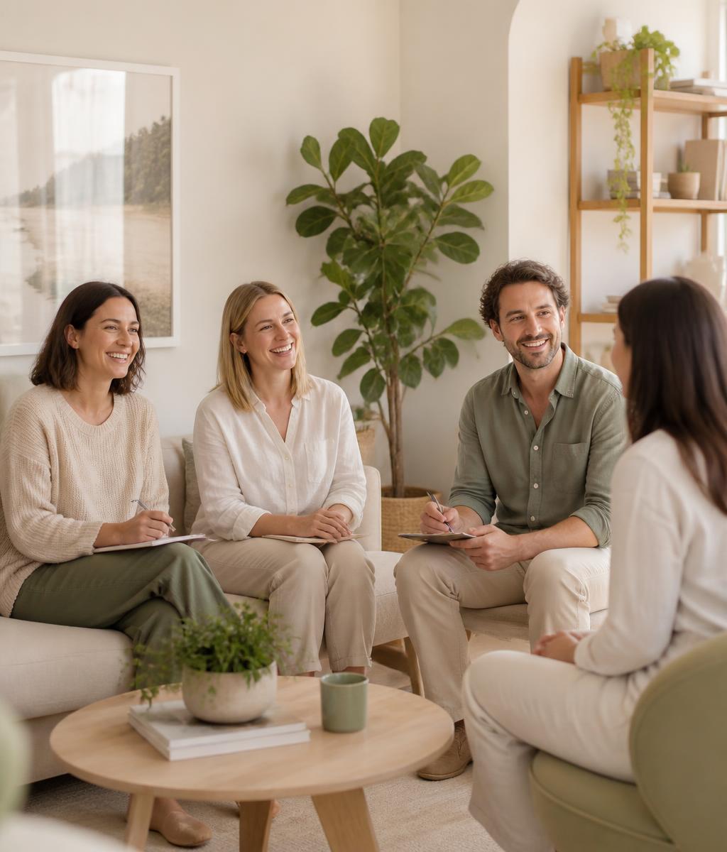 Three InnerLoop Therapy practitioners in relaxed everyday clothing sitting and talking warmly with a client in a light-filled therapy lounge