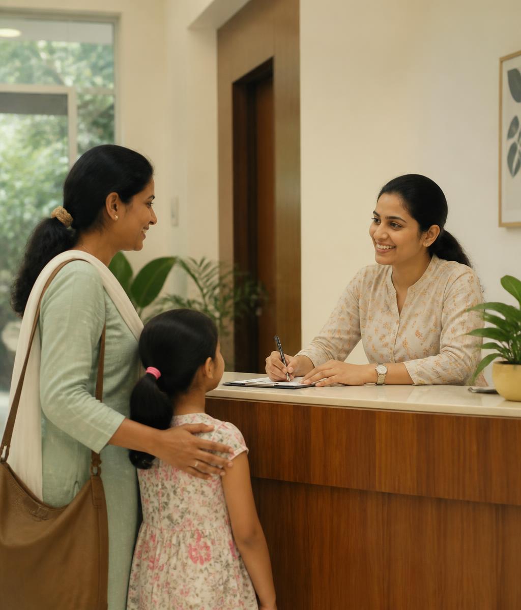A friendly receptionist welcoming a visitor at the curved timber reception desk of a calm, plant-filled clinic