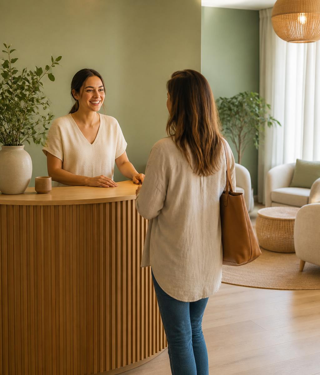A friendly receptionist welcoming a visitor at the curved timber reception desk of a calm, plant-filled clinic