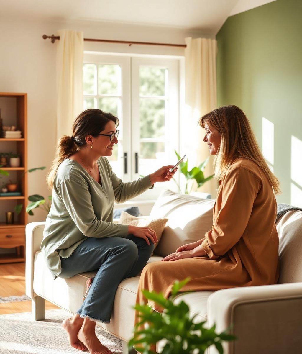 A therapist sitting with a client on a sofa in their sunlit living room during a home-based support session