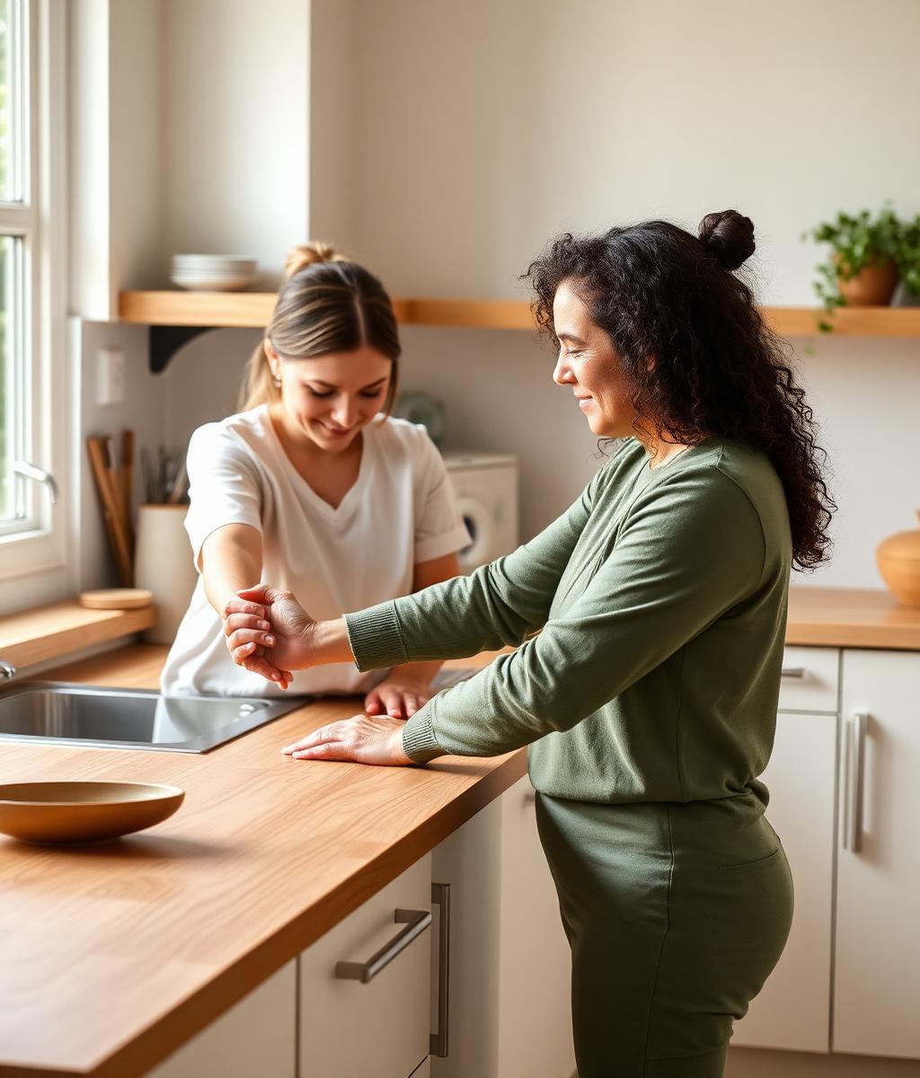 An occupational therapist supporting a person to practise an everyday kitchen task in a bright home