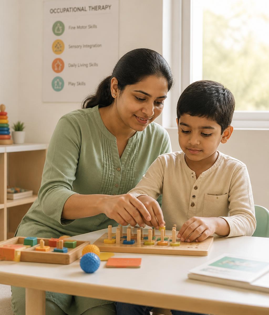 A therapist helping a child practise everyday classroom skills in a bright, welcoming space