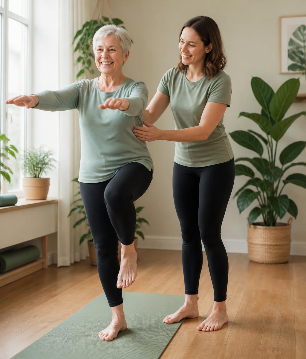 A physiotherapist guiding an older adult through a gentle standing balance exercise in a light, airy studio