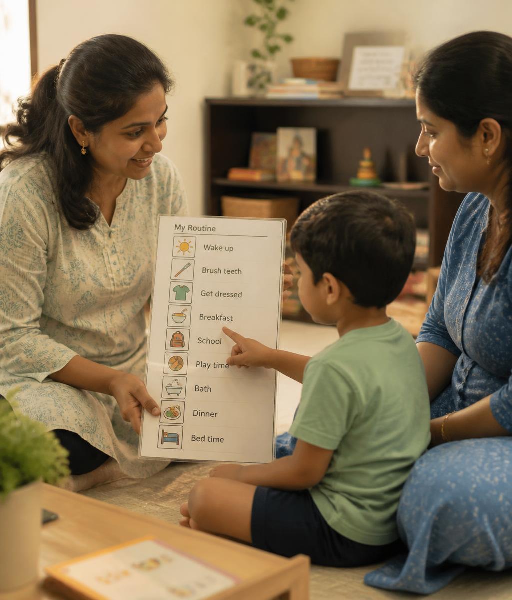 A practitioner coaching parents around a timber dining table, sharing practical everyday strategies