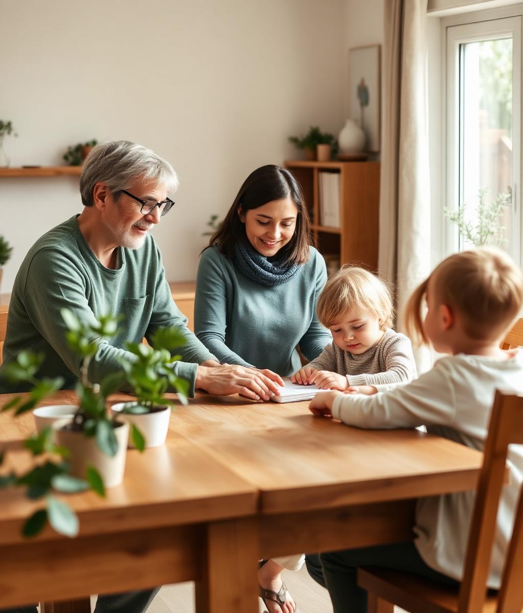 A behaviour support practitioner working collaboratively with parents and children around a timber dining table