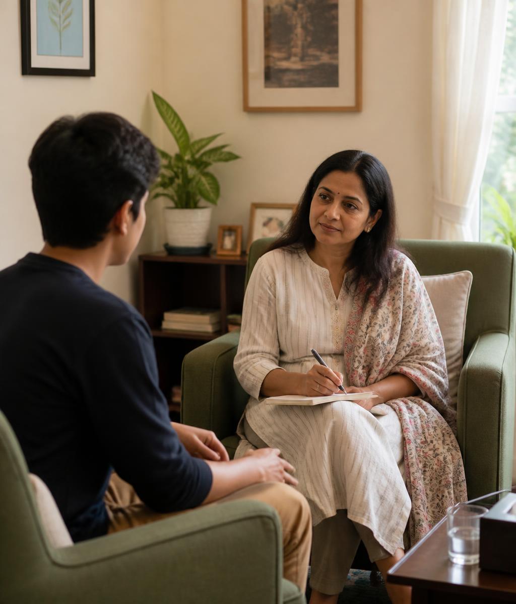 A calm, private counselling room with comfortable seating for an adults or couples session