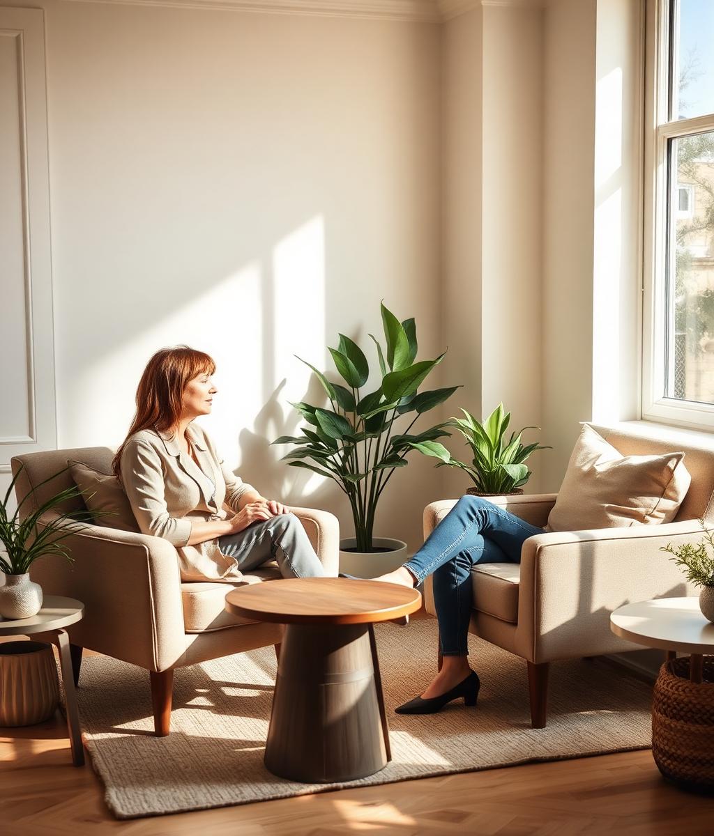 A calm therapy room with two soft armchairs by a sunlit window during a supportive psychology conversation