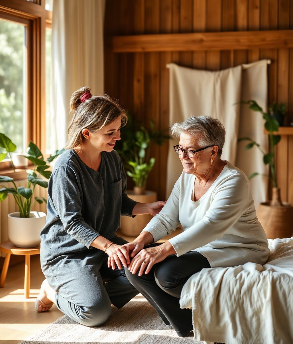 An allied health therapist kneeling beside a seated client, offering supportive hands-on guidance in a warm, naturally lit therapy space
