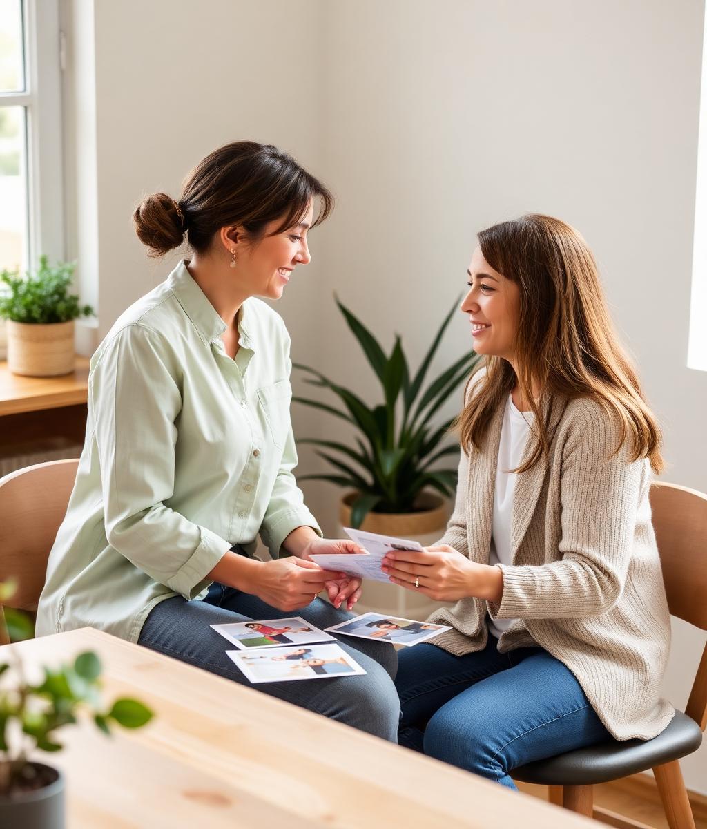 A speech pathologist and client sitting face to face using picture cards during a warm communication session