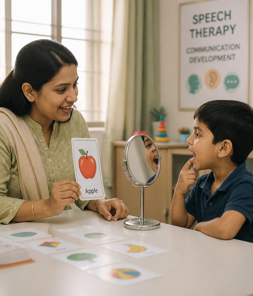 A speech pathologist and client sitting face to face using picture cards during a warm communication session