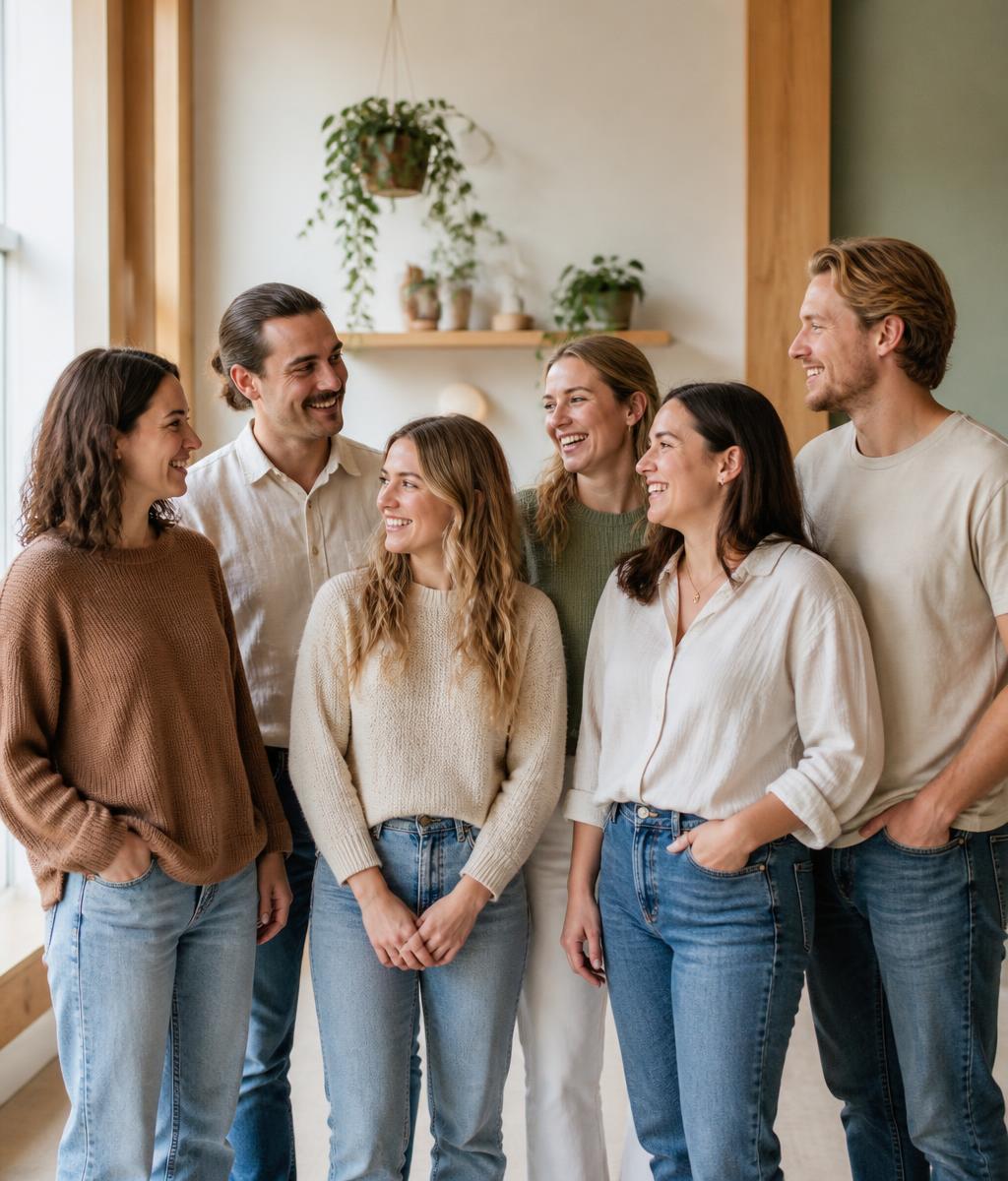 A multidisciplinary group of allied health professionals standing together and smiling in a bright, plant-filled clinic space