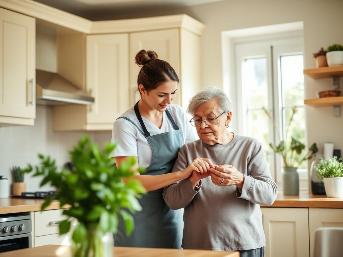 A support practitioner assisting an older adult with an everyday task in a bright home kitchen