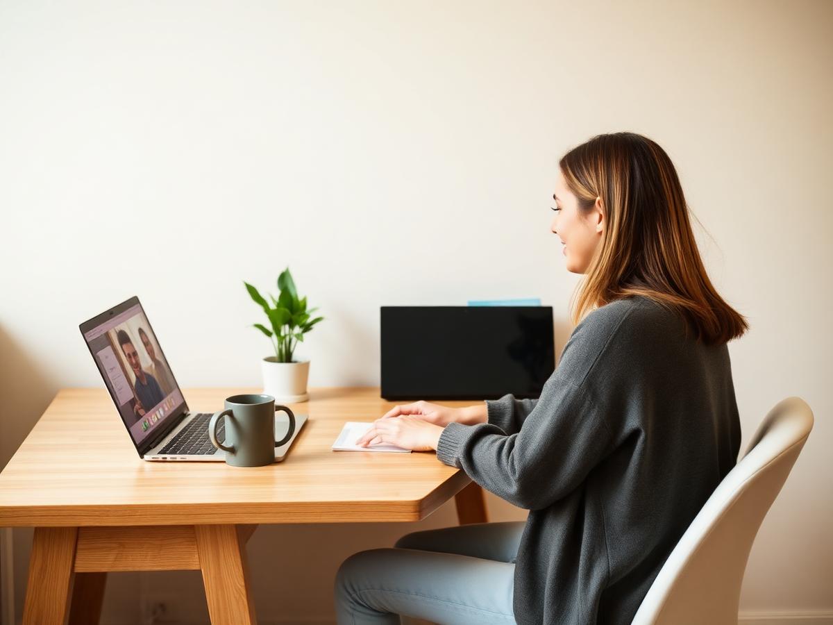 A person taking part in a telehealth appointment on a laptop at a timber desk at home